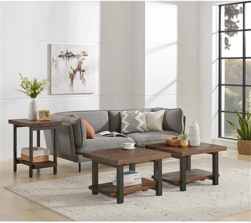 Vista 9 de Alaterre Furniture Pomona - Mesa auxiliar de madera maciza de 2 niveles con acabado natural y patas de metal, decoración moderna de granja o Marrón