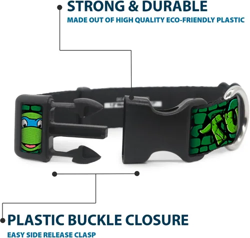 Vista 4 de Buckle-Down Classic Tmnt Group Faces/Turtles Turtle Shell Cuello de clip de plástico negro/verde, pequeño/9-15", 1" de ancho - Se adapta a cuello