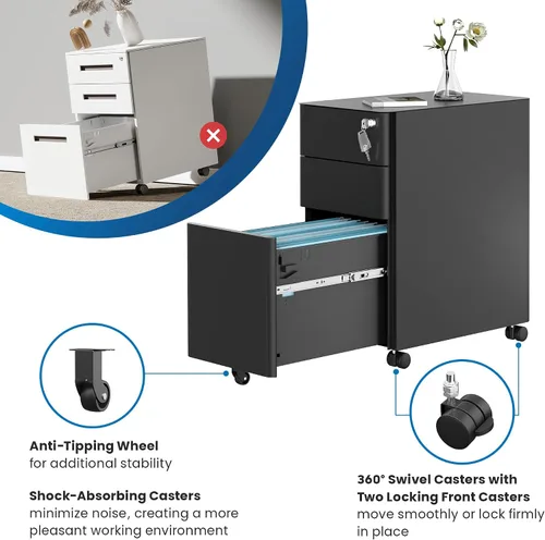 Vista 9 de Mount-It! Archivador delgado de 3 cajones con cerradura, archivador móvil de metal sobre ruedas para almacenamiento debajo del escritorio, hogar