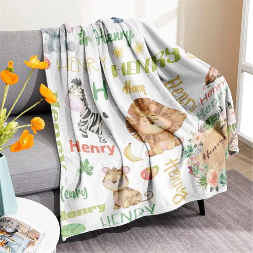 Vista 3 de KAINSY Manta personalizada de animales para niños y niñas, safari en la selva, manta con nombre personalizado para cama de cuarto de bebé