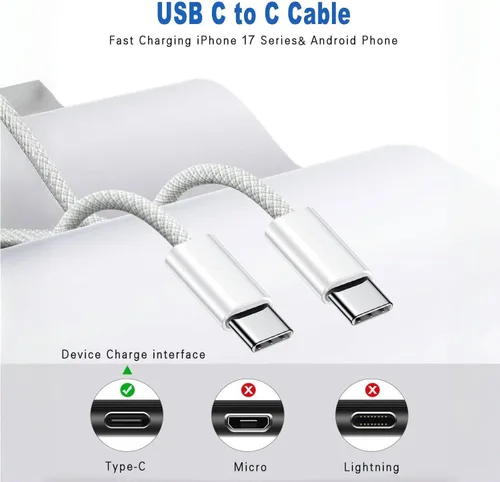 Vista 3 de Cargador para iPhone 17 de carga rápida, cargador rápido USB C y cable tejido USBC a C de 3 pies tipo C para Apple iPhone 17e/17/17 Pro Max/17