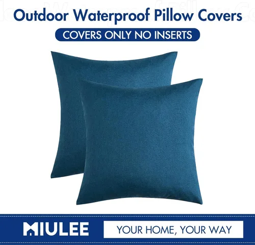 Vista 6 de MIULEE - Paquete de 2 fundas de almohada decorativas para exteriores, impermeables, sólidas, de imitación de lino, para jardín, casa de campo, Azul