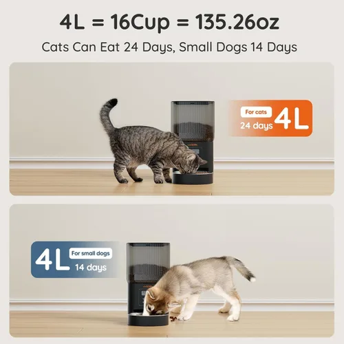 Vista 4 de WOPET Automatic Cat Feeder, 4L Automatic Dog Feeder with 180-Day Battery Life, Programmable Cat Food Dispenser with Stainless Steel Bowl，1-6 Meals