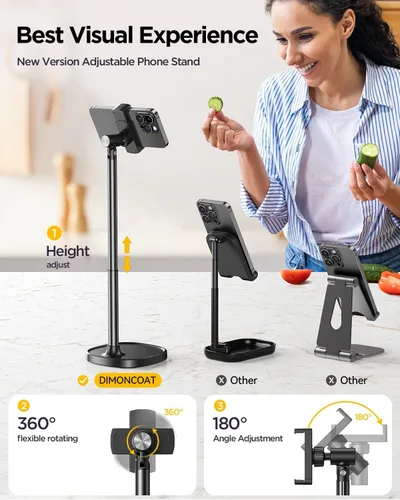 Vista 2 de DIMONCOAT Soporte de teléfono para escritorio, soporte de teléfono ajustable en ángulo y altura para escritorio, soporte universal de aleación