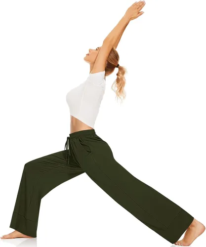 Vista 4 de TARSE Pantalones de yoga de pierna ancha para mujer, pantalones de pijama cómodos de cintura alta con bolsillos, pantalones casuales Palazzo Lounge