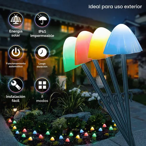 Vista 2 de Juego de 12 luces solares de jardín de hongos, 2 modos de 14.5 pies, funciona con energía solar, luces nocturnas de hongos, impermeables