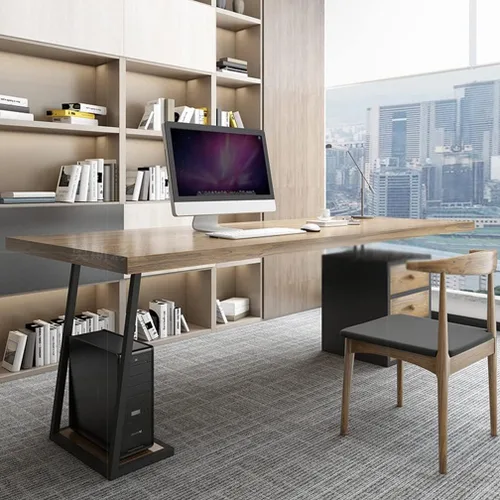 Vista 2 de Escritorio moderno y simple de madera maciza para computadora, escritorio de estudio, mesa de juegos, con soporte de CPU y cajón