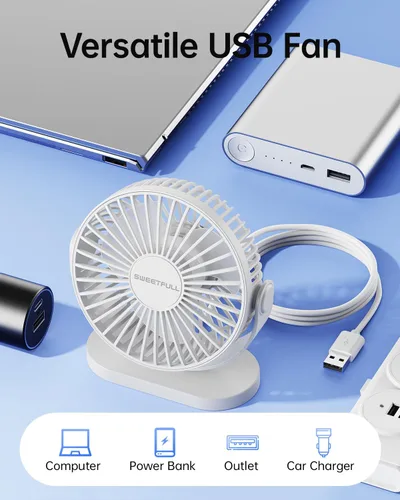 Vista 5 de SWEETFULL Ventilador de escritorio con USB pequeño silencioso - Ventilador personal portátil de 3 velocidades Mini 360° de rotación ajustable