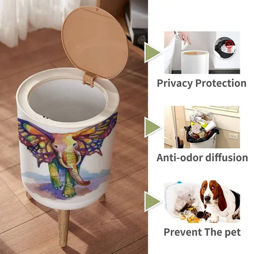 Vista 3 de Cubo de basura pequeño con tapa para baño, cocina, oficina, pañal, acuarela, elefante, mariposa, alas de fantasía, animal, dormitorio, basura, cesta
