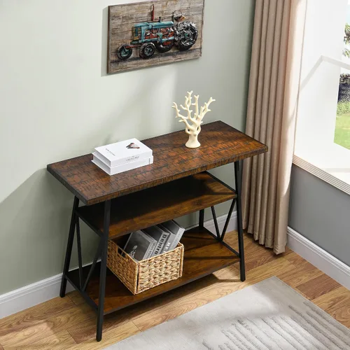 Vista 2 de Mesa consola con mesa dentada, mesa de entrada de madera maciza con estante de almacenamiento, mesa de pasillo rústica de 3 niveles, mesa de sofá