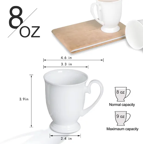 Vista 2 de Juego de 2 tazas de café blancas de porcelana fina de lujo (8 onzas), tazas de té de cerámica estilo europeo, elegantes y duraderas tazas de café