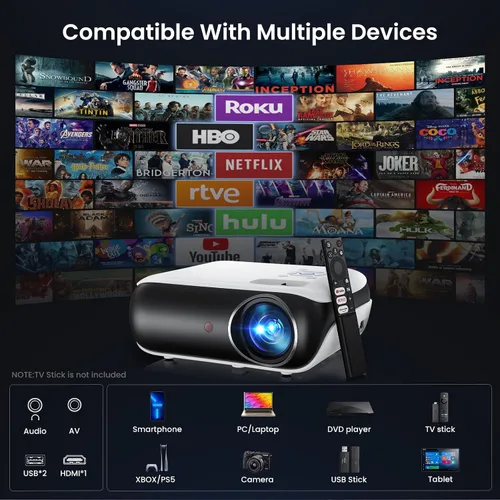 Vista 9 de HAPPRUN Proyector Native 1080P, proyector de cine en casa Bluetooth con altavoz integrado, compatible con teléfono inteligente, HDMI, Fire Stick