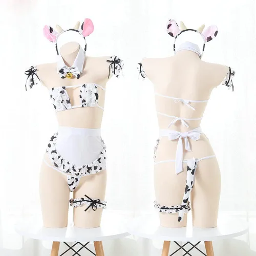 Vista 7 de SINROYEE Bikini sexy de vaca para mujer, traje de Lolita Maid, brasier y calzón kawaii, lencería de anime japonés