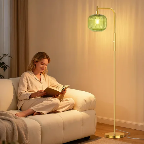 Vista 7 de QiMH Lámpara de pie de vidrio para sala de estar, lámpara de pie moderna con pantalla de vidrio acanalada verde, interruptor giratorio regulable