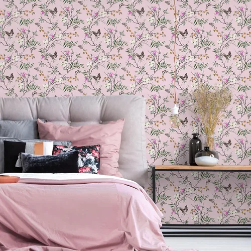Vista 4 de VEELIKE Papel tapiz de estilo chinoiserie rosa con diseño de mariposas para dormitorio, habitación de niñas, 17.7 x 118 pulgadas, papel de contacto