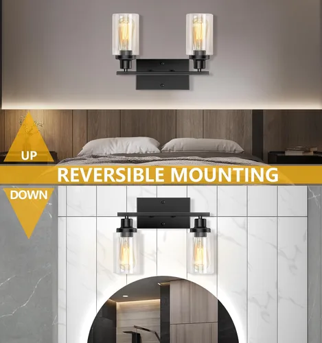 Vista 4 de Lámparas de baño, luces negras de 2 luces, luz de tocador de baño Modern Metal Frame Wall Lamp over Mirror with Clear Glass Shades, Vanity Lights