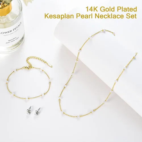Vista 3 de Ritach Collar de perlas para mujer, chapado en oro de 14 quilates, gargantilla de perlas ajustables y pulsera de perlas, juego de joyería para mujer