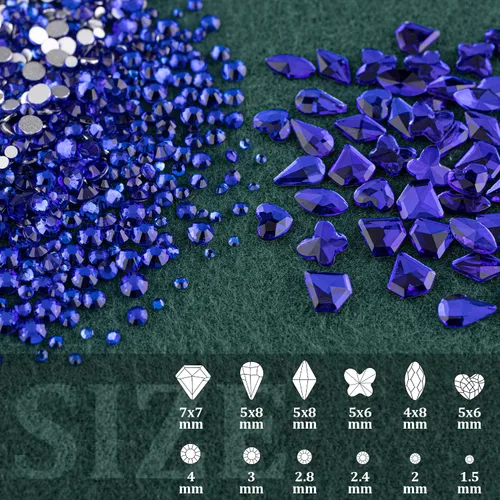 Vista 2 de Juego de 8 diamantes de imitación de cristal con parte trasera plana, multiformas y redondas, de cristal AB y azul real, con lápiz recogedor