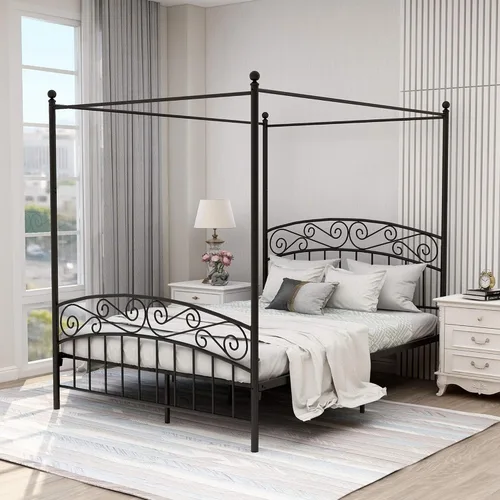 Vista 7 de Marco de cama con dosel de tamaño matrimonial, color negro Cama de plataforma de metal, fácil montaje, sin ruido, cabecero y estribo, soporte
