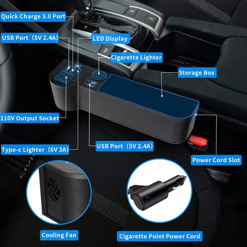 Vista 3 de Organizador de llenado de espacio para asiento de automóvil con inversor de corriente de protección múltiple de 12 V CC a 110 V CA, 4 USB de carga