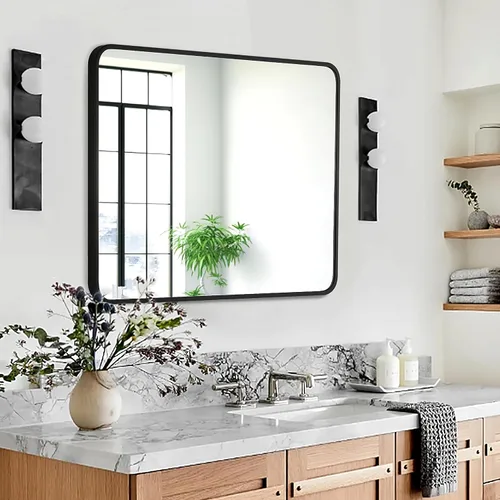 Vista 3 de Espejo rectangular de baño de 24 x 32 pulgadas con marco de metal negro, espejo rectangular de esquina redondeada para pared, moderno y grande