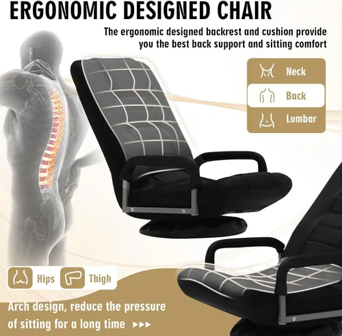 Vista 5 de Silla de juegos giratoria de piso con reposabrazos, sofá reclinable plegable de video con 6 posiciones ajustables, respaldo acolchado y cojín, sofá