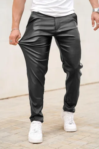 Vista 4 de GINGTTO Pantalones de cuero para hombre, pantalones de discoteca ajustados para hombre elásticos