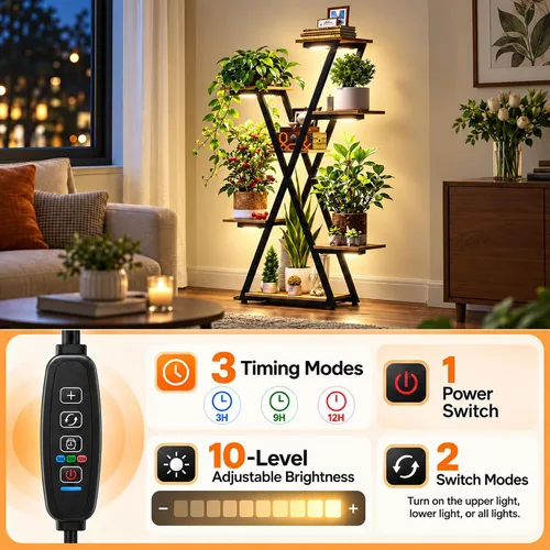 Vista 9 de Soporte para Plantas de Interior con Luces de Crecimiento: Gran Estante Vertical Iluminado de Metal de Múltiples Niveles - Con Temporizador