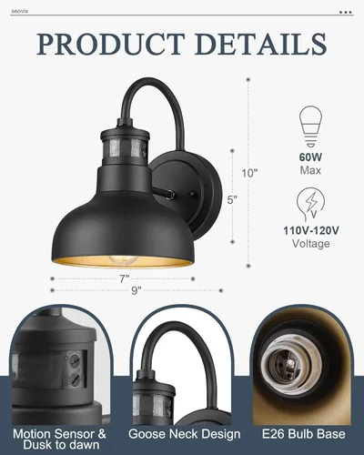 Vista 3 de Lámpara de pared para exteriores con sensor de movimiento de 7 pulgadas, IP65, color negro 1 pack black 7-inch barn light with 3 modes, 220-degree