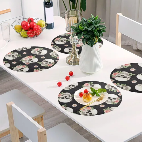 Vista 6 de Watercolor Skulls Vibrant Pink Table Placemat, Washable Heat Resistant Mats for Kitchen one sizex4