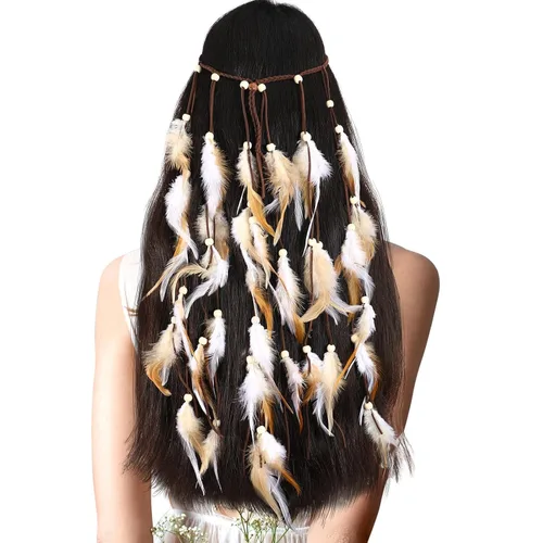 Vista 15 de XunYee - Diadema de plumas, mediana, estilo borla, color beige
