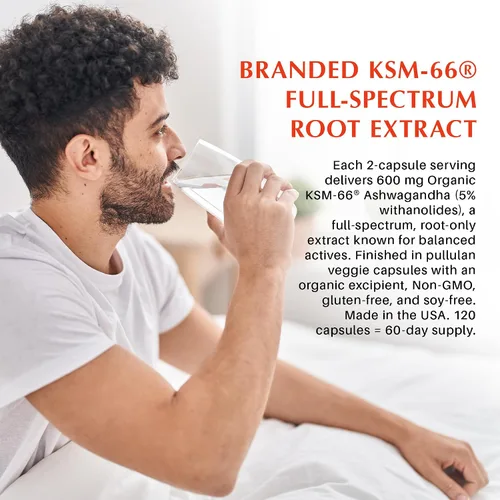 Vista 2 de KSM-66 Ashwagandha 600mg Fórmula extra fuerte – Suplemento de alivio del estrés para apoyo del sueño y apoyo del estado de ánimo – Withanolides