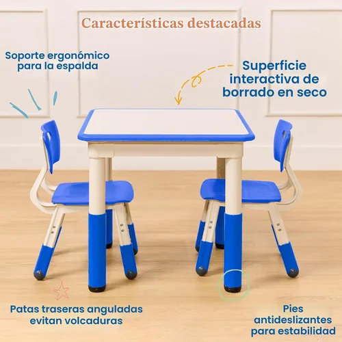 Vista 4 de ECR4Kids Mesa de actividades cuadrada de borrado en seco con 2 sillas, ajustable, muebles para niños, azul, 3 piezas