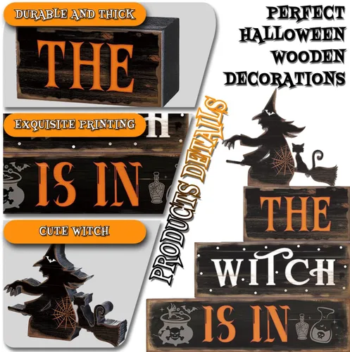 Vista 2 de Decoración de Halloween para interiores - Señales de bruja de madera rústica, decoraciones del hogar para cocina de granja, estante, sala de estar