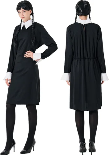 Vista 2 de Party Talk Wednesday Addams Dress for Women Girls, Halloween Costumes Cosplay Long Sleeve Peter Pan Collar Addams Family