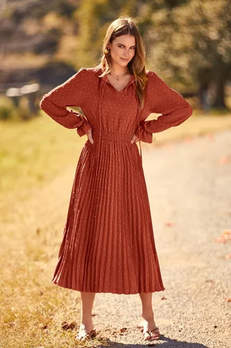 Vista 8 de PRETTYGARDEN Vestido midi de otoño 2024 para mujer, casual, manga larga, cuello en V, lunares suizos, plisado, acampanado, vestidos fluidos