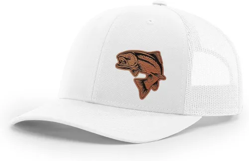 Vista 60 de Sombrero de pesca de salmón con parche de cuero grabado láser Richardson 112 Snapback Trucker Cap