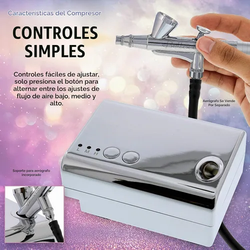 Vista 4 de Super Mini aerógrafo compresor 3 ajustes de control de flujo de aire silencioso, 6 'Push en hule aerógrafo manguera, funciona en 12 V DC con un 110