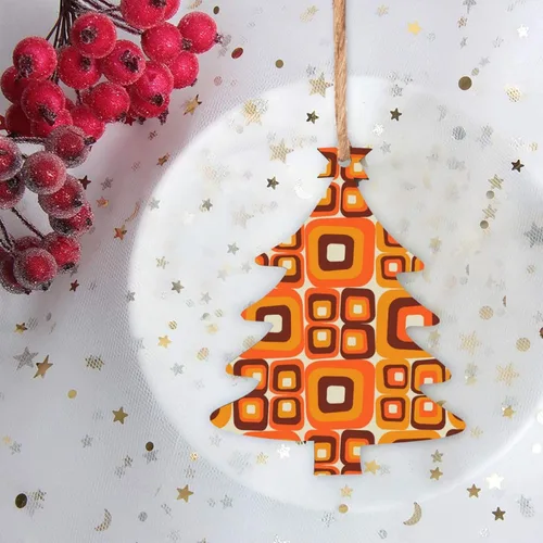 Vista 3 de 70s Retro Orange Geometry Wooden Christmas Ornaments with Twines Holiday Hanging Decorations Christmas Tree Shapes Wood Slice Ornaments for