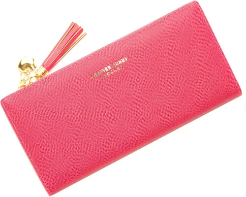 Vista 12 de Sumgogo - Cartera delgada para mujer, cartera larga con borlas, cierre zipper, monedero, bolso de mano, estuche para tarjetas, Rosa, Minimalista