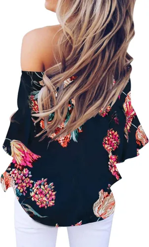 Vista 2 de Asvivid - Blusas veraniegas de hombros descubiertos, con mangas de 34 acampanadas, lazo decorativo y estampado floral, para mujer, camiseta