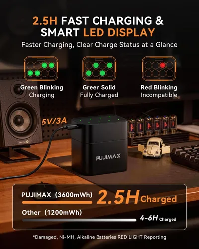 Vista 3 de PUJIMAX Baterías AA recargables de litio de 4255 mWh, cargador rápido USB C, salida constante de 1.5 V y baterías dobles A con más de 2000 ciclos