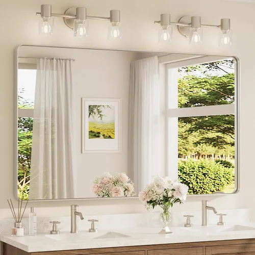 Vista 21 de Espejo de marco dorado cepillado de 16 x 24 pulgadas, espejo de tocador de baño de latón dorado para pared, espejo enmarcado rectangular de esquina