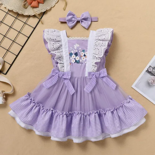 Vista 4 de Vestido de princesa a cuadros para bebé, sin mangas, vintage, de encaje, a cuadros, vestido de princesa acampanado con diadema