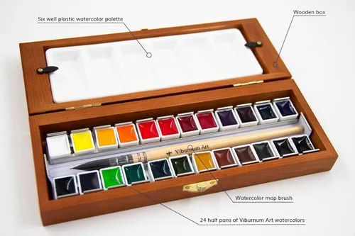 Vista 3 de Juego de Pintura de Acuarela Profesional - 24 Pastillas de Pinturas de Acuarela Transparentes Altamente Pigmentadas con Pincel de Acuarela Sintético
