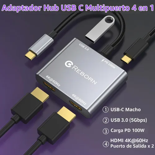 Vista 2 de Adaptador USB C a HDMI dual Divisor HDMI de 4K a 60Hz Pantalla extendida para monitores duales, adaptador multimonitor con USB y PD de 100 W