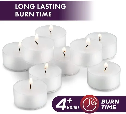 Vista 4 de MontoPack Velas blancas sin perfume a granel [100] 4 horas de velas de té de parafina sin humo, sin goteo, de larga duración Pequeñas velas