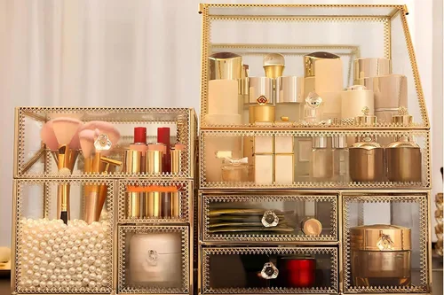 Vista 2 de Organizador de maquillaje de vidrio grande con cajón, juego de almacenamiento de belleza, organizador de mostrador de baño, exhibición de cosméticos