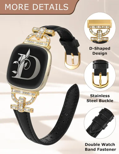 Vista 4 de Minyee Correas de cuero compatibles con Fitbit Versa 4/Versa 3/Sense 2/Sense Band para mujer, correa de cuero delgada elegante con diamantes