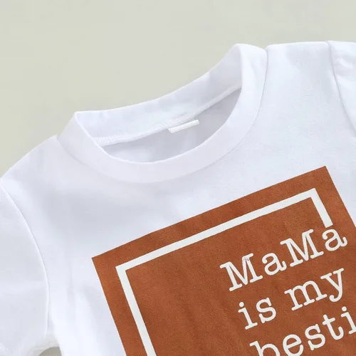 Vista 4 de Mama Is My Bestie, ropa de bebé para niños y niñas, camisa con letras, mameluco + pantalón deportivo de color sólido, traje de verano de 2 piezas